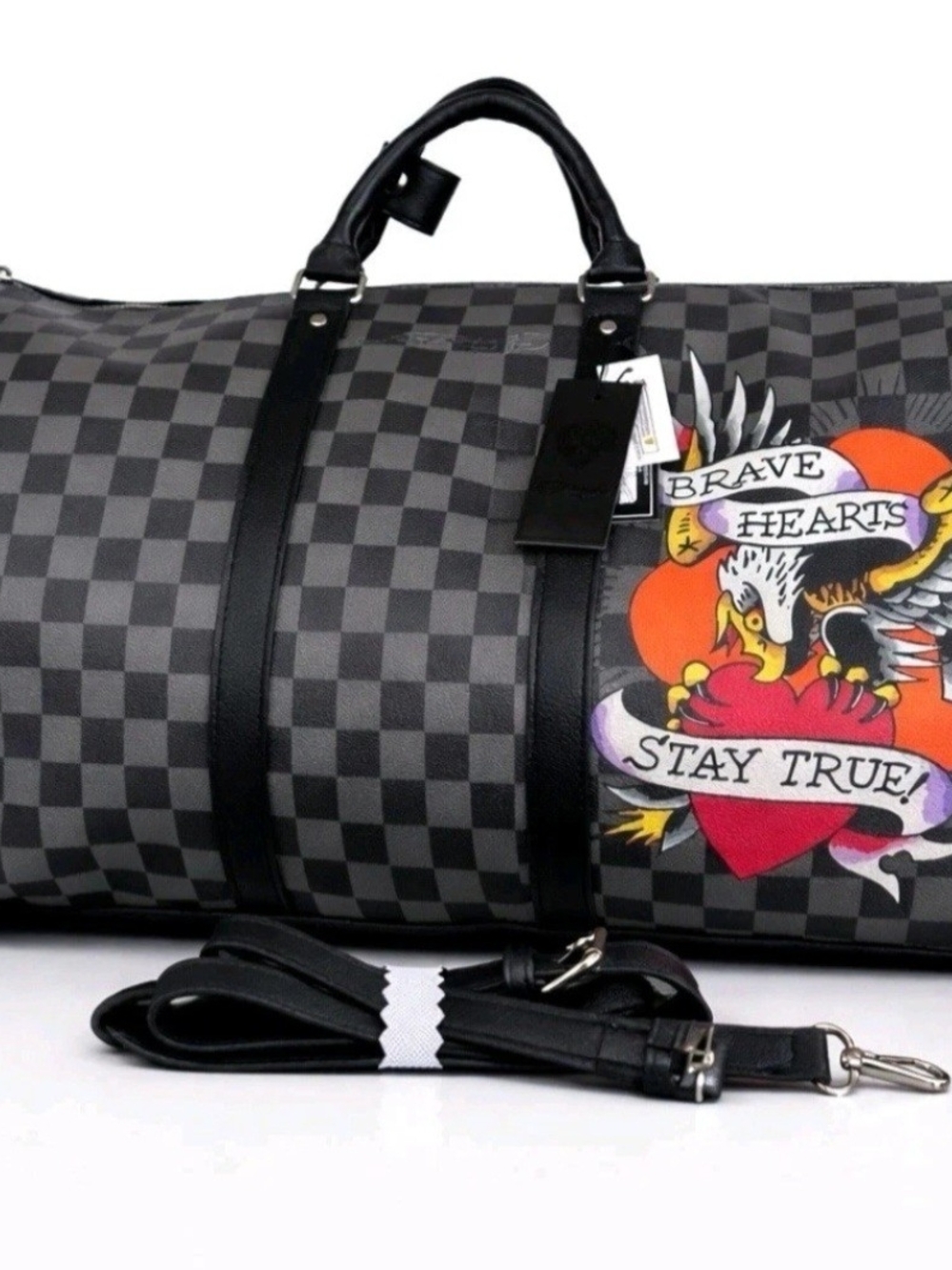 Ed Hardy Black and Gray Checkered Duffel with Brave Hearts Graphic